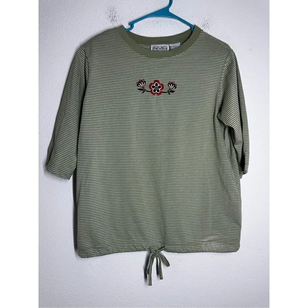 Vintage Jaclyn Smith Sport Striped Tie Hem Shirt Floral Embroidery Size M Green